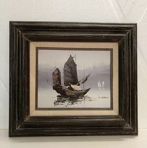 Chinese Seascape Painting Junk Boat On Canvas Wooden Frame Y. CHENG Vintage Art
